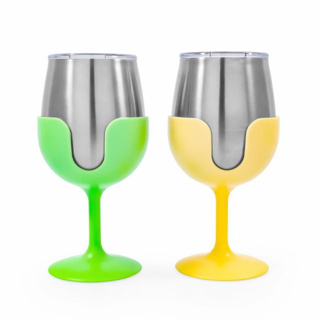 Camco 51916 Stainless Steel Tumbler Set - with Removable Bright Yellow and Lime Green Wine Glass Stems- 2 Pk, 8 oz