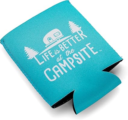 Housse pour canette Camco « La vie est meilleure au camping » – Compatible avec les canettes de 350 ml – Thème camping-car bleu sarcelle et blanc