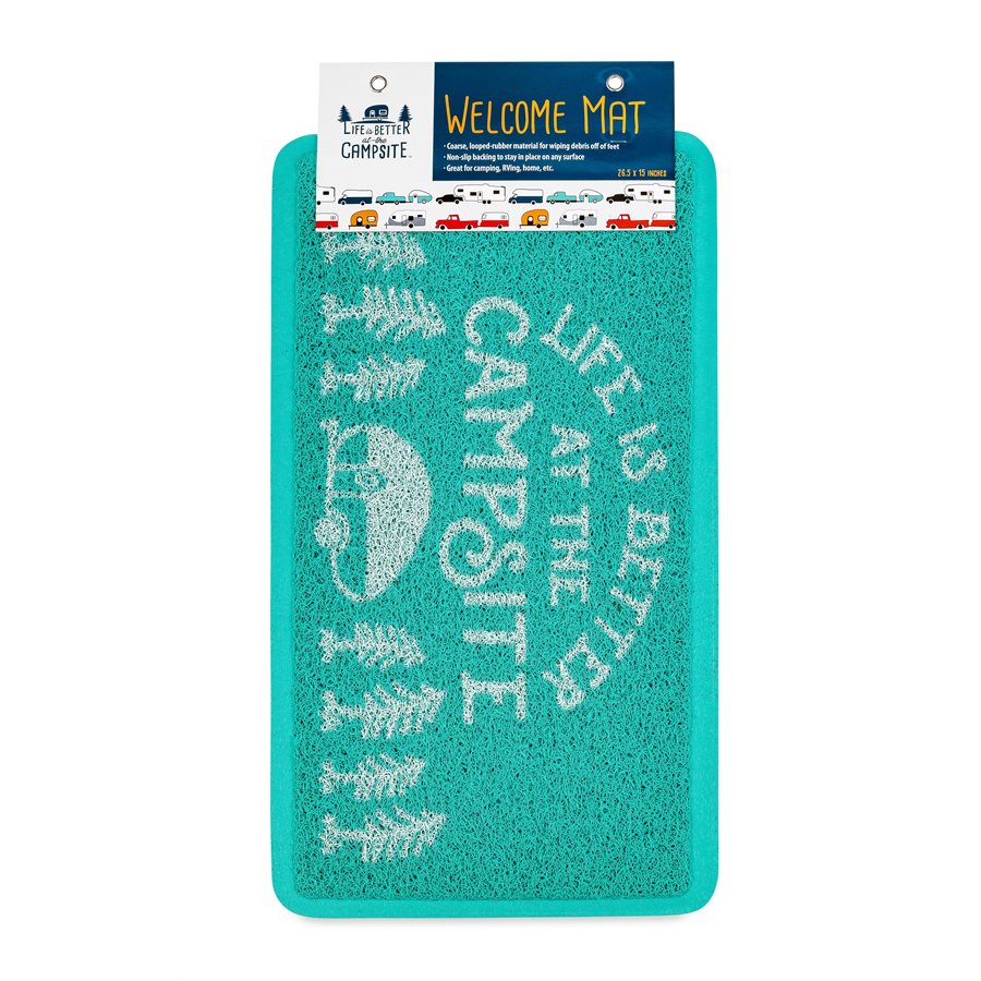 Tapis de bienvenue extérieur et intérieur Camco 53448 « La vie est meilleure au camping » - Paillasson de camping - Bleu sarcelle