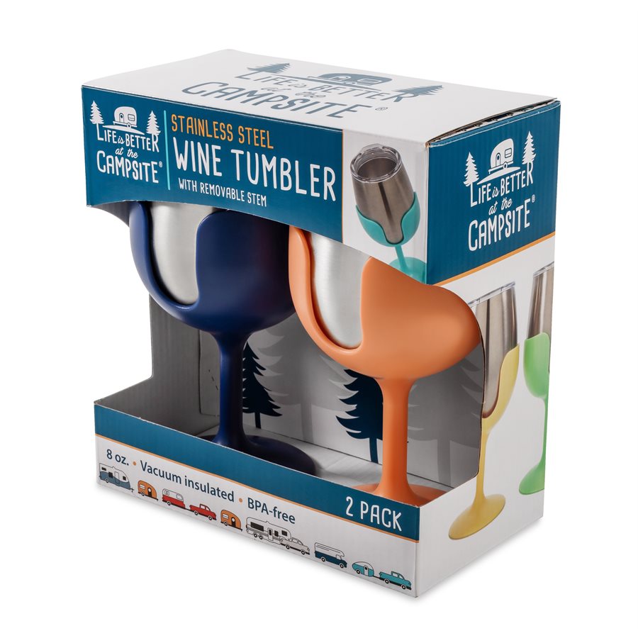 Camco 51917 Stainless Steel Tumbler Set - with Removable Navy and Peach Wine Glass Stems - 2 Pk, 8 oz