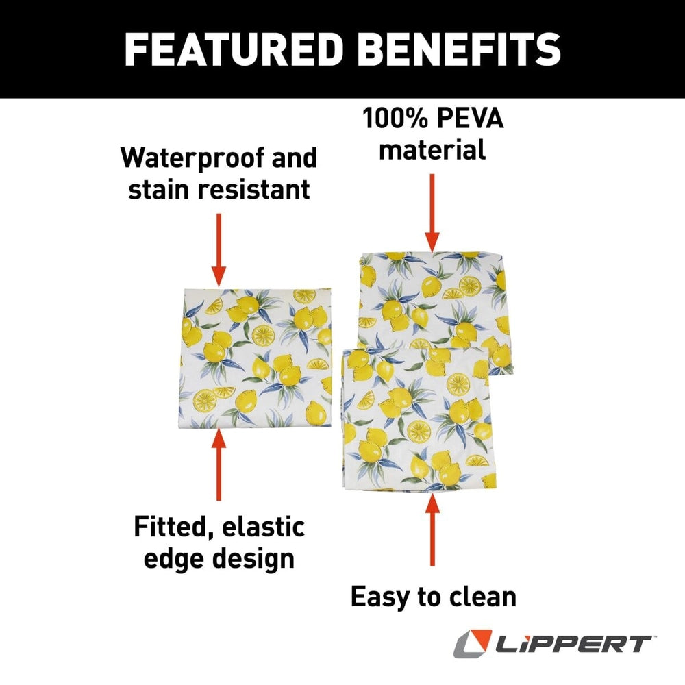 Lippert 2022107834 Vinyl Tablecloth & Bench Cover Set – Lemon Toss | Waterproof, Easy-Clean PEVA for Camping & Picnics