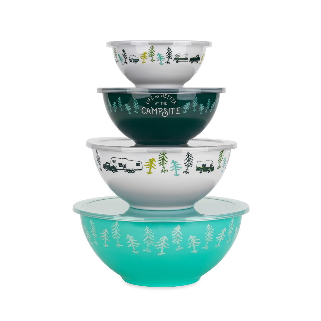 Set of four melamine camping themed nesting bowls stacked on top of eachother in colours white and green