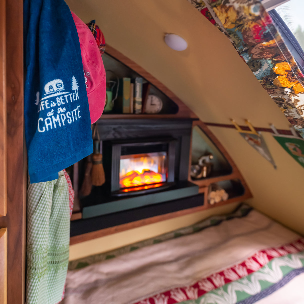 Cozy inside of camper trailer with fireplace