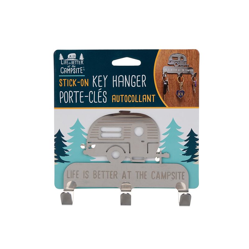 Camco Life is Better at The Campsite Stick-On 3-Hook Leash/Key Hanger | Features Retro Camper/RV Design & No Tool Installation | Crafted of Heavy-Duty Stainless Steel (53368)