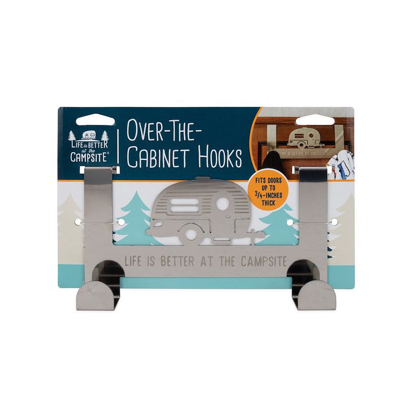 Camco Life is Better at The Campsite Over-The-Cabinet Hooks | Features Retro Camper/RV Design & Easy No-Tool Installation | Fits Doors Up to .75" Thick & Crafted of Heavy-Duty Stainless Steel (53381)