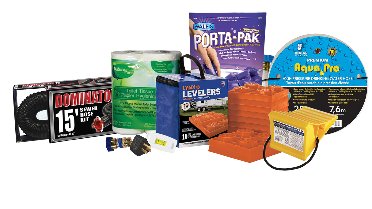 Starter Kit Bundle Including Adapter, Regulator, Sewer Kit, Water Hose, Level, Holding Tank Treatment, Toilet Paper, Wheel Chock, and Levelling Blocks