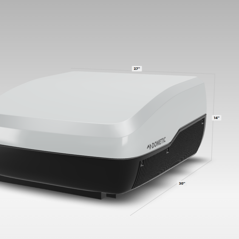 Dometic RV Airconditioning Unit in white with product dimensions