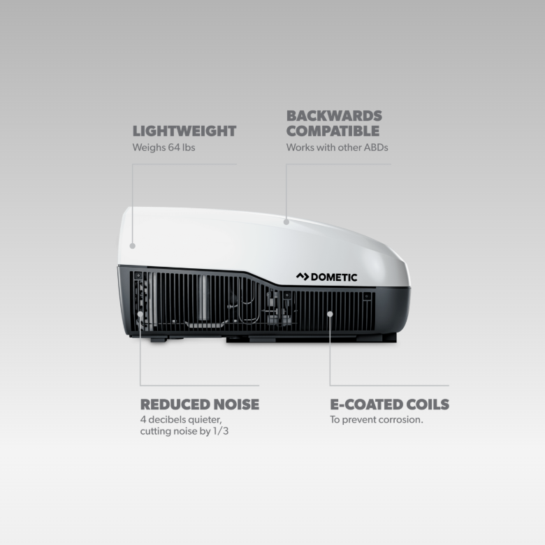 Dometic RV Air Conditioning Unit side view with features highlighted, in colour white