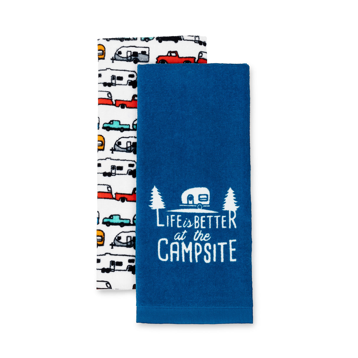Dish towels for camping with campsite design in colour blue