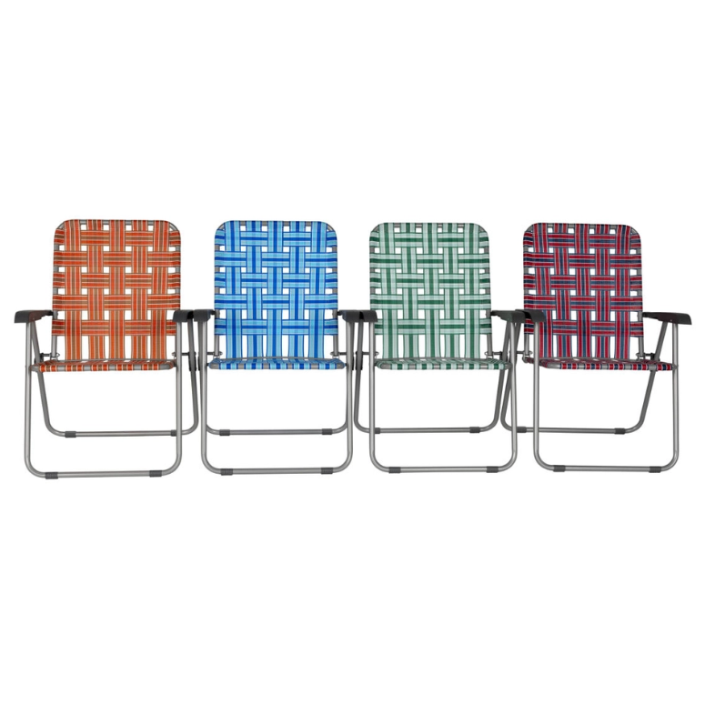 four vintage retro camping chairs in orange, blue, green and red
