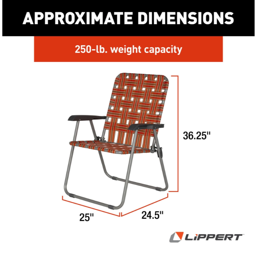 Orange folding vintage style camping chair with size dimensions