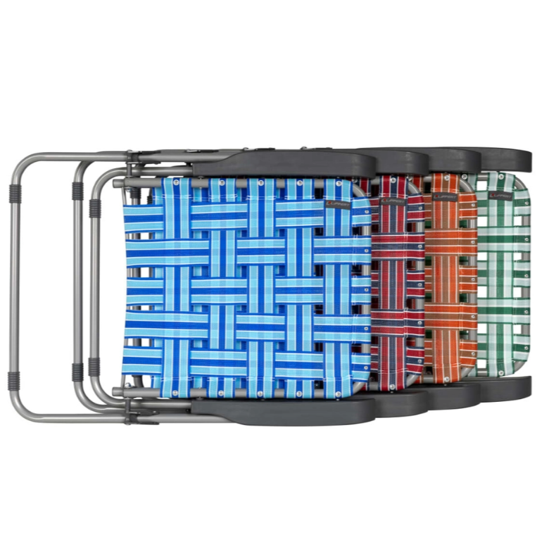 Four vintage style blue, red, orange and green folding camping chairs folded for storage