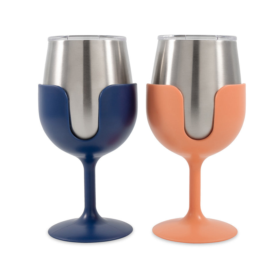 Camco 51917 Stainless Steel Tumbler Set - with Removable Navy and Peach Wine Glass Stems - 2 Pk, 8 oz