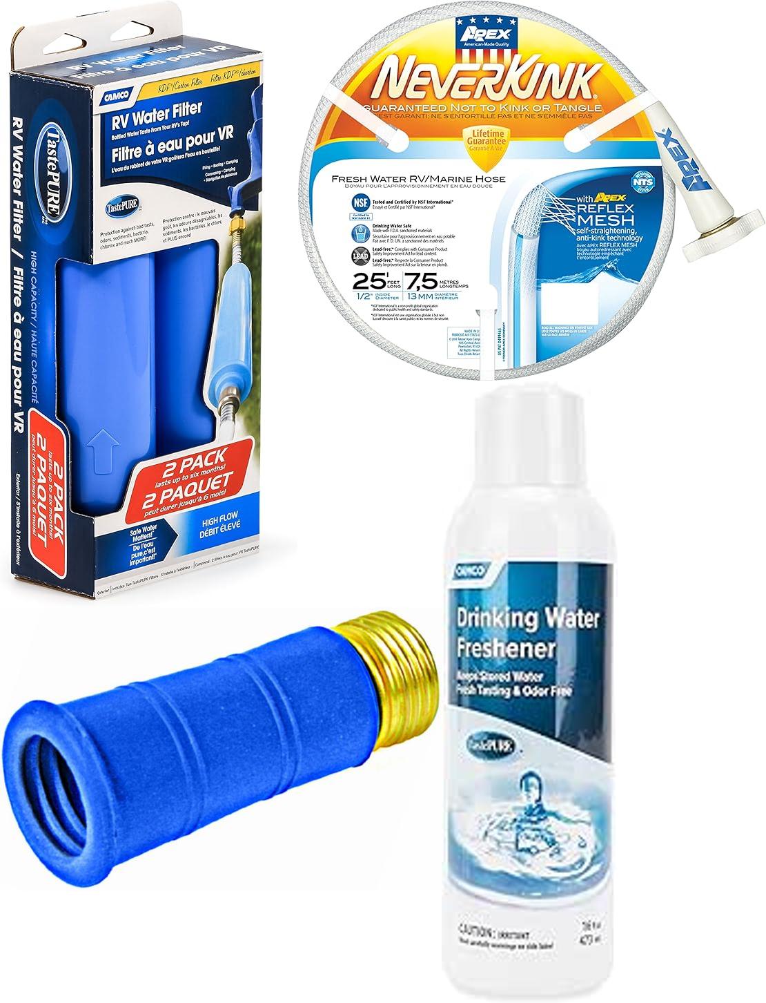 Fresh Water Bundle -Camco and Teknor Apex - Includes Water Filter, Water Freshener, Hose, and Hose Fitting
