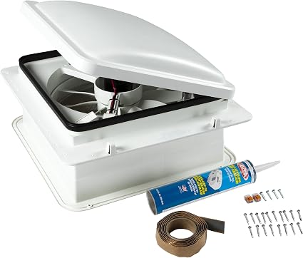 Furrion 10-Blade, 14" RV Rooftop Vent Exhaust Fan with Lid, Four Fan Speeds, Push-Button Controls, Removable Insect Screen, Flush-Mount Design for 2" to 7" Thick Roofs, White - FVF14D90R6A-PS-AM