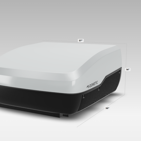 Dometic RV Airconditioning Unit in white with product dimensions